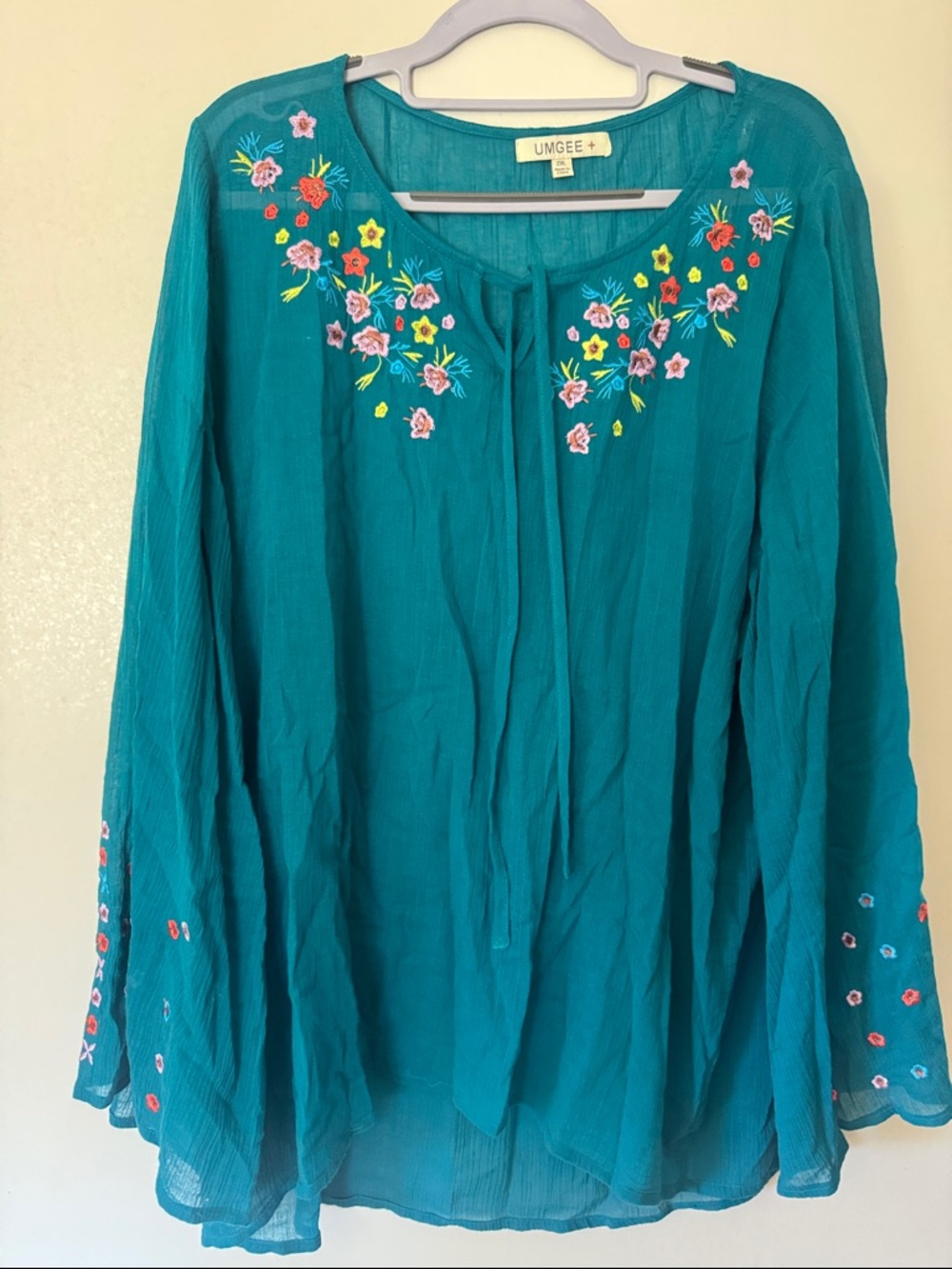 Umgee Teal Embroidered Tie-Front Peasant Tunic